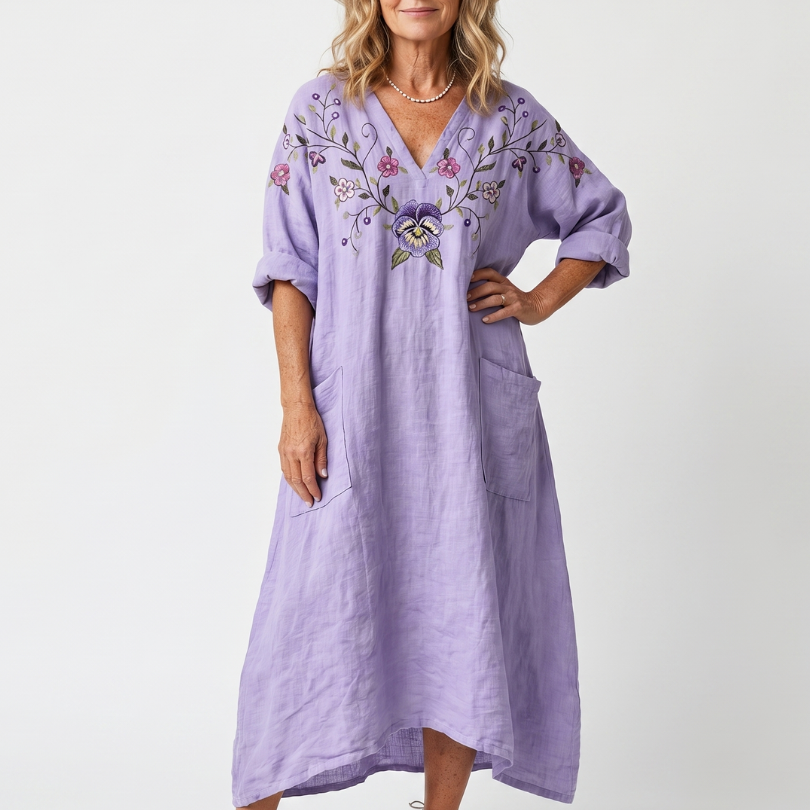 Tavi | Floral Embroidered Oversized Pocket Midi Dress