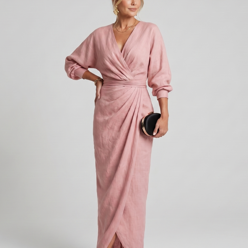 Fable | Long Sleeve Wrap Overlap Skirt Midi Dress