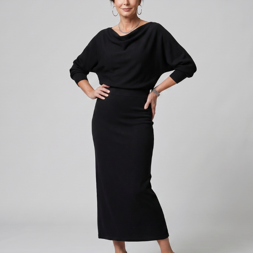 Romy | Draped Neckline Fitted Skirt Midi Dress