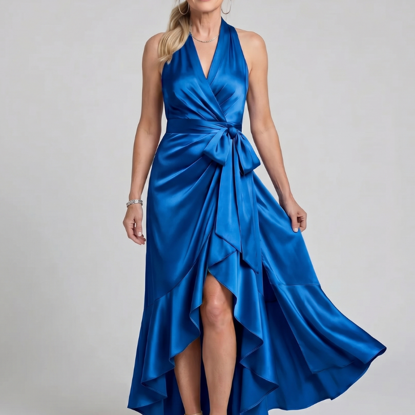 Honora | Halter Neck Wrap Asymmetric Hem Midi Dress