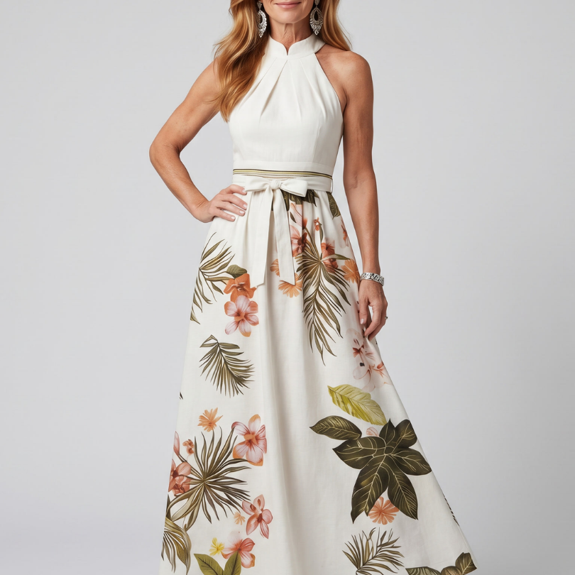 Meadow | Draped Halter Botanical Panel Maxi Dress