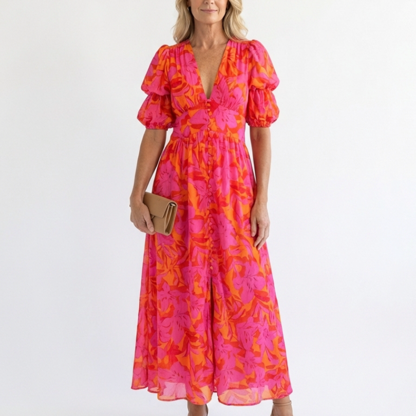 Floral V Neck Puff Sleeve Midi Dress