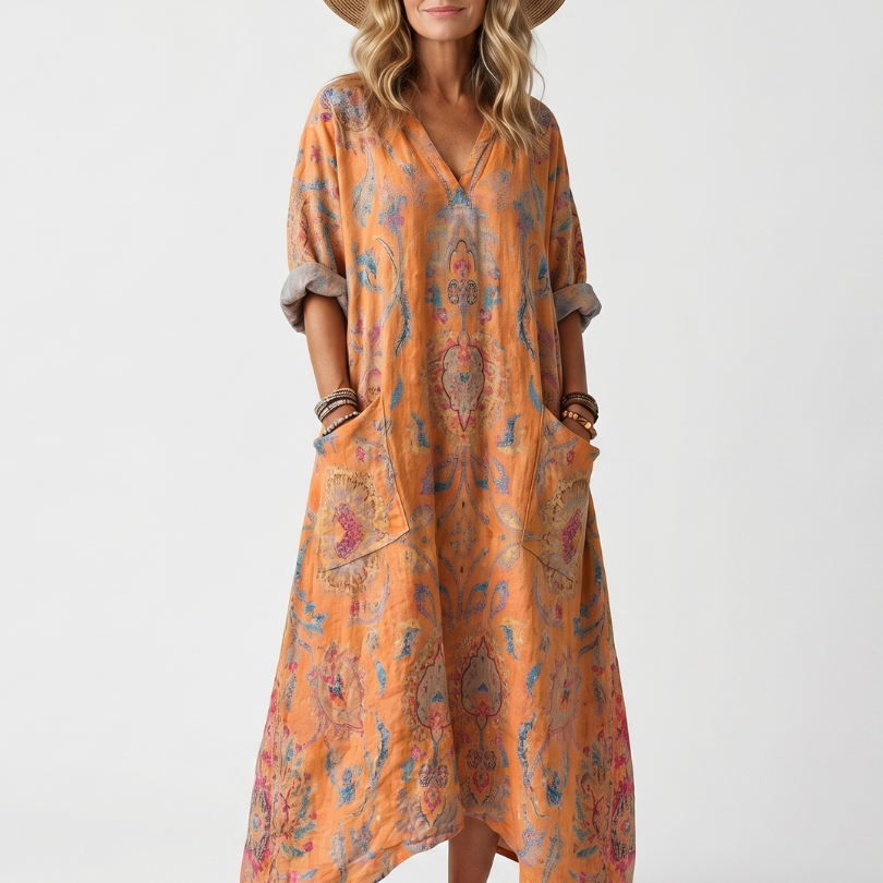 Remi | Notch Neck Printed Oversized Pocket Midi Dress