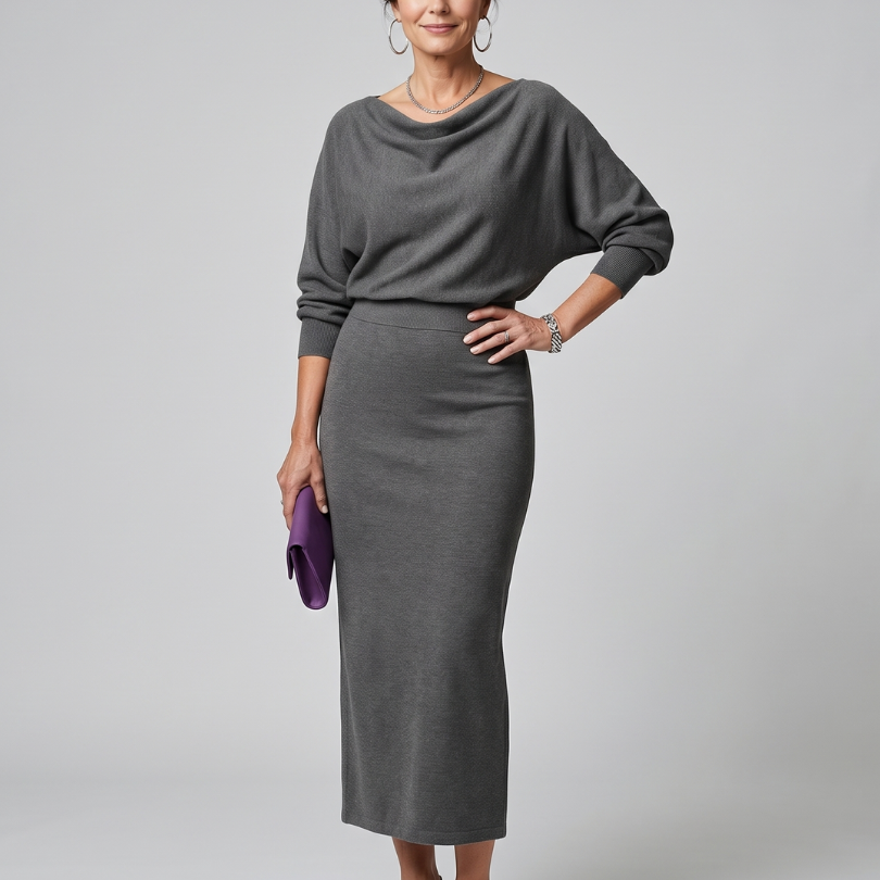 Romy | Draped Neckline Fitted Skirt Midi Dress