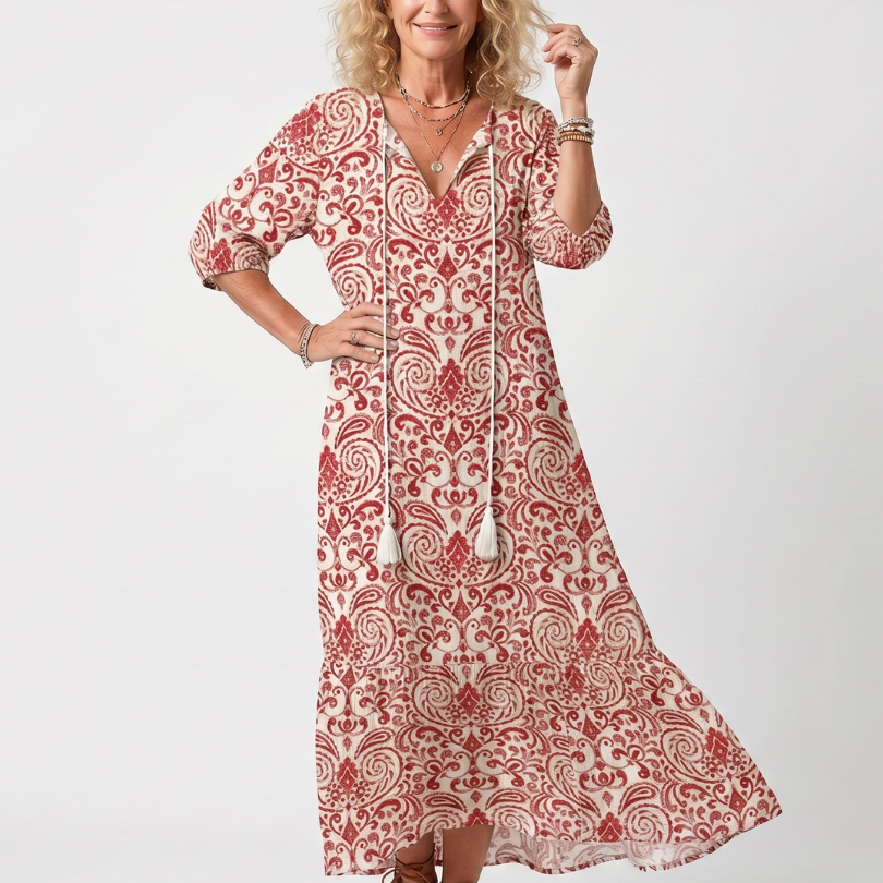 Noelle | Ornate Print Tassel Tie Midi Dress