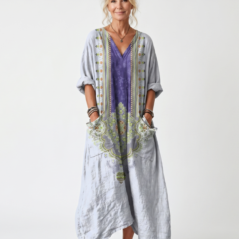 Raina | Contrast Panel Embroidered Oversized Pocket Midi Dress