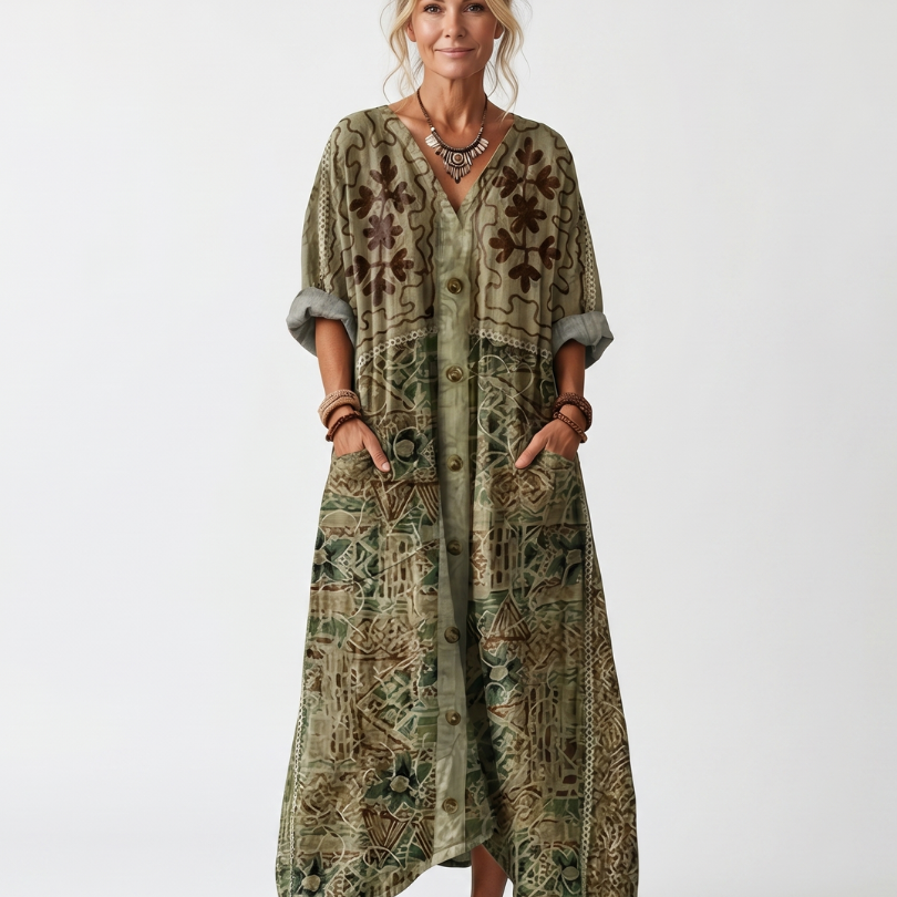 Aleta | Button Front Embroidered Oversized Pocket Midi Dress