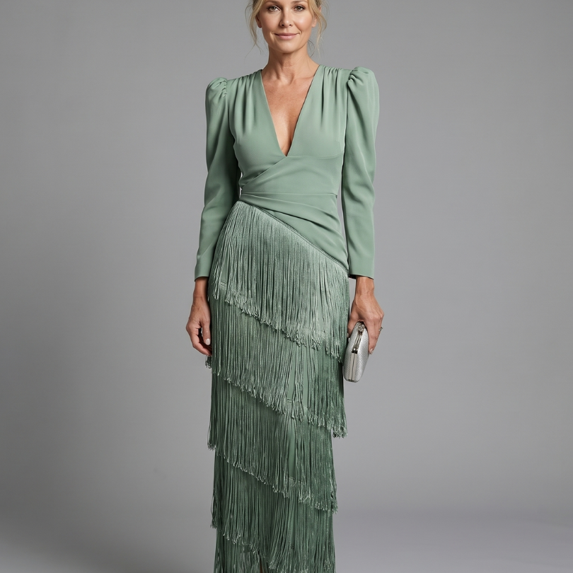Samara | Long Sleeve Soft Fringe Skirt Midi Dress