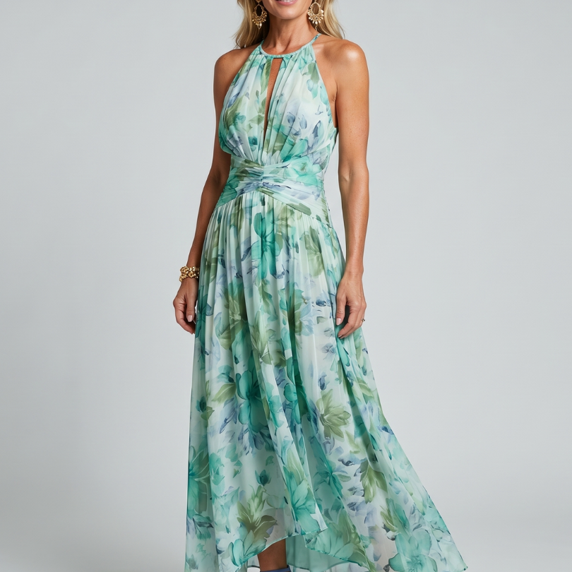 Portia | Pleated Halter Soft Floral Pattern Midi Dress