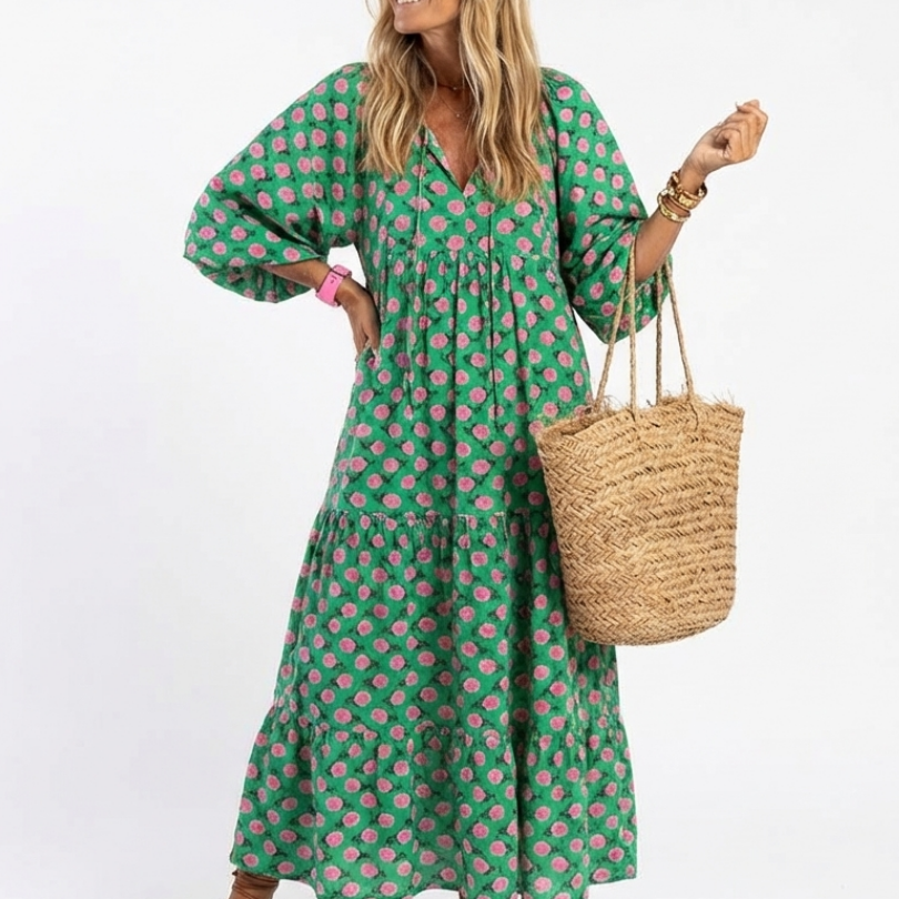 Fiora | Floral Print V Neck Tiered Midi Dress