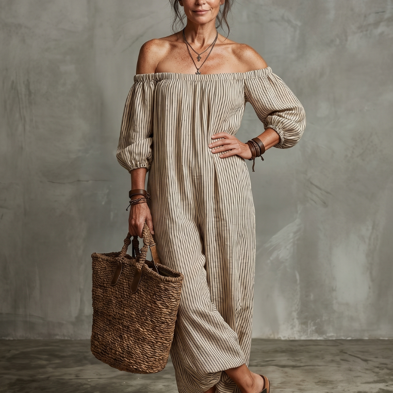 Euphemia | Striped Pattern Off Shoulder Maxi Dress