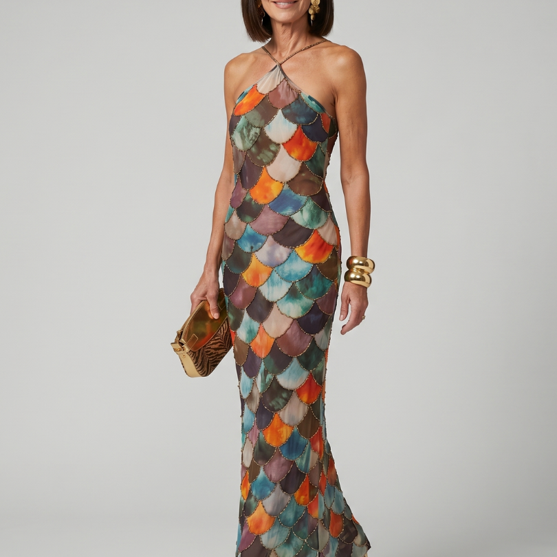 Larkin | Fitted Multicolor Scale Pattern Maxi Dress