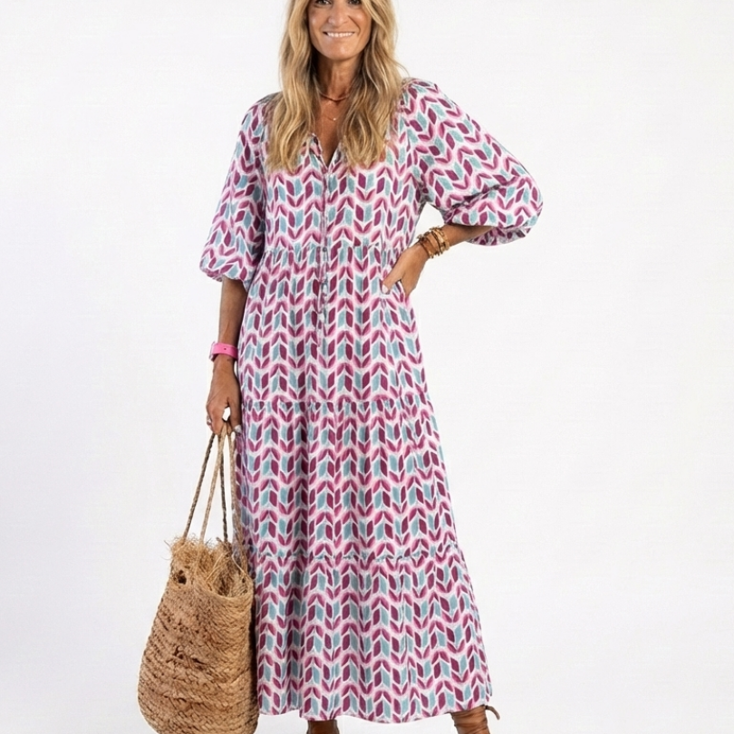 Mireya | Geometric Print Long Sleeve Tiered Midi Dress