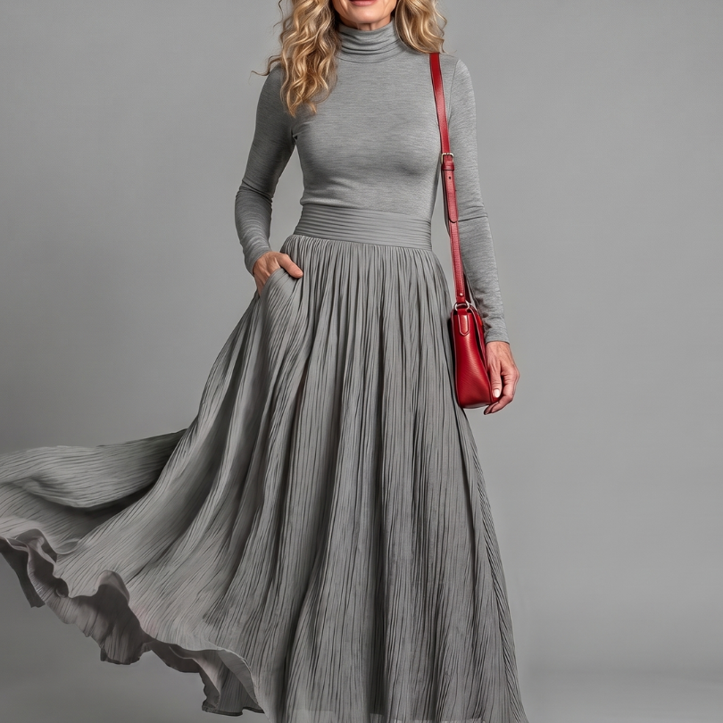 Lana | Long Sleeve Turtleneck Defined Waist Midi Dress