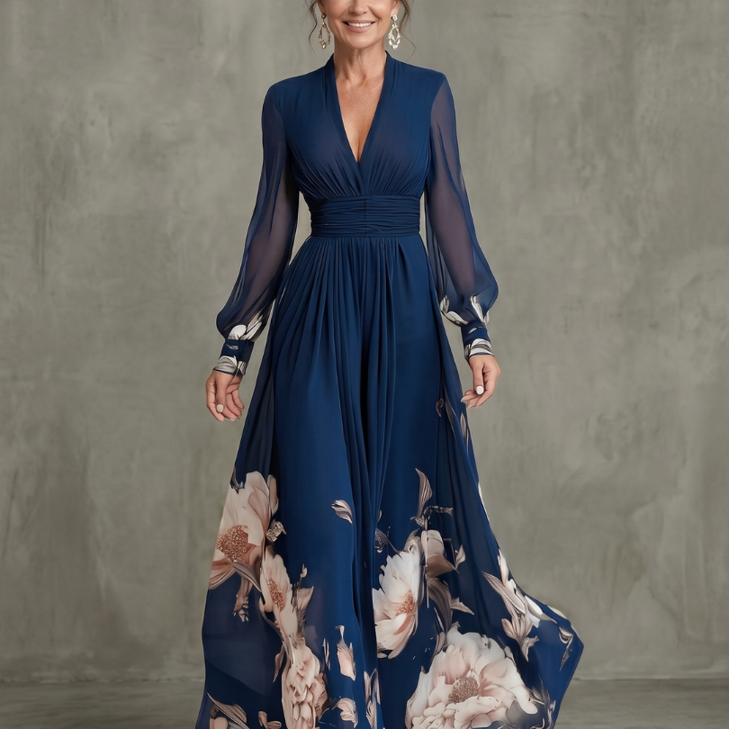 Ziva | Pleated Sheer Sleeves Maxi Dress
