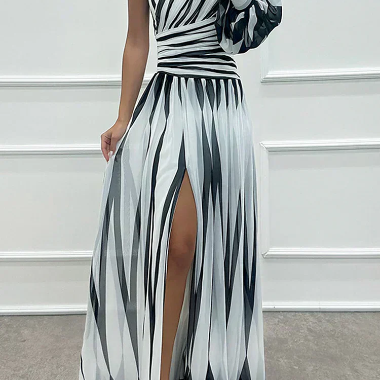 Elegant Striped Maxi Dress with One Shoulder