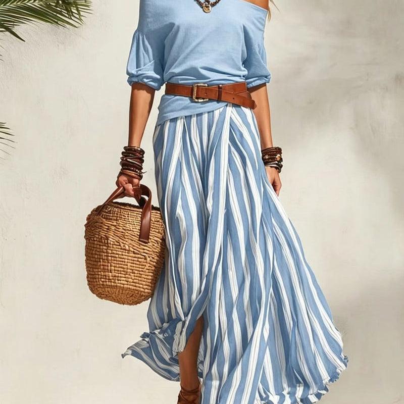 MADISON | Striped Maxi Skirt Set with Off-Shoulder Top
