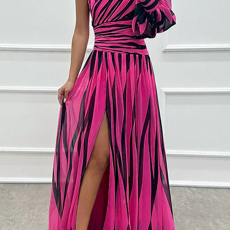 Elegant Striped Maxi Dress with One Shoulder