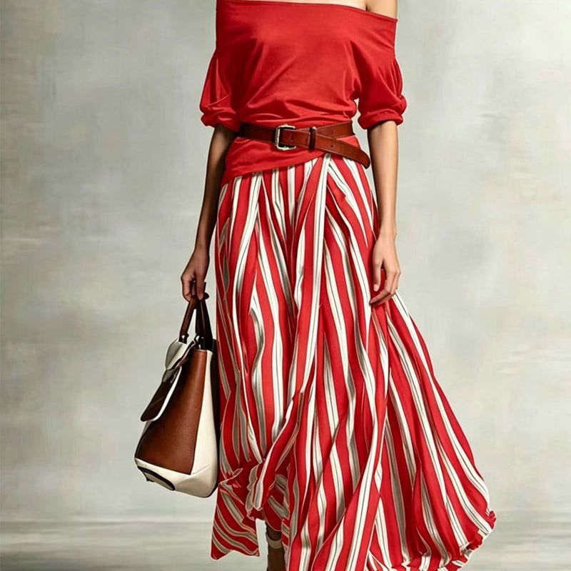 MADISON | Striped Maxi Skirt Set with Off-Shoulder Top