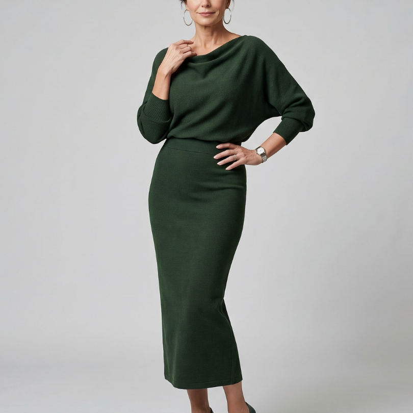 Romy | Draped Neckline Fitted Skirt Midi Dress