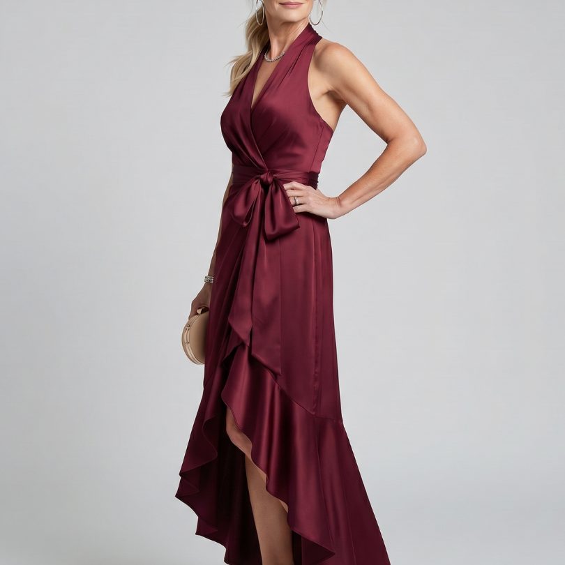 Honora | Halter Neck Wrap Asymmetric Hem Midi Dress