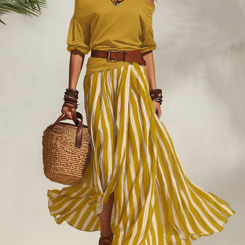 MADISON | Striped Maxi Skirt Set with Off-Shoulder Top