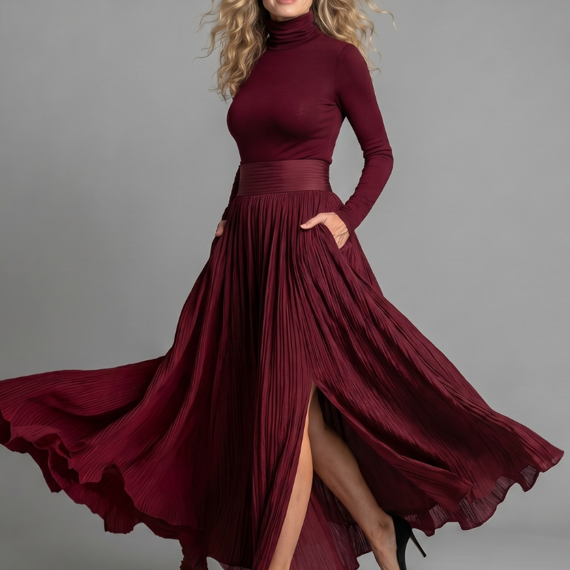 Lana | Long Sleeve Turtleneck Defined Waist Midi Dress