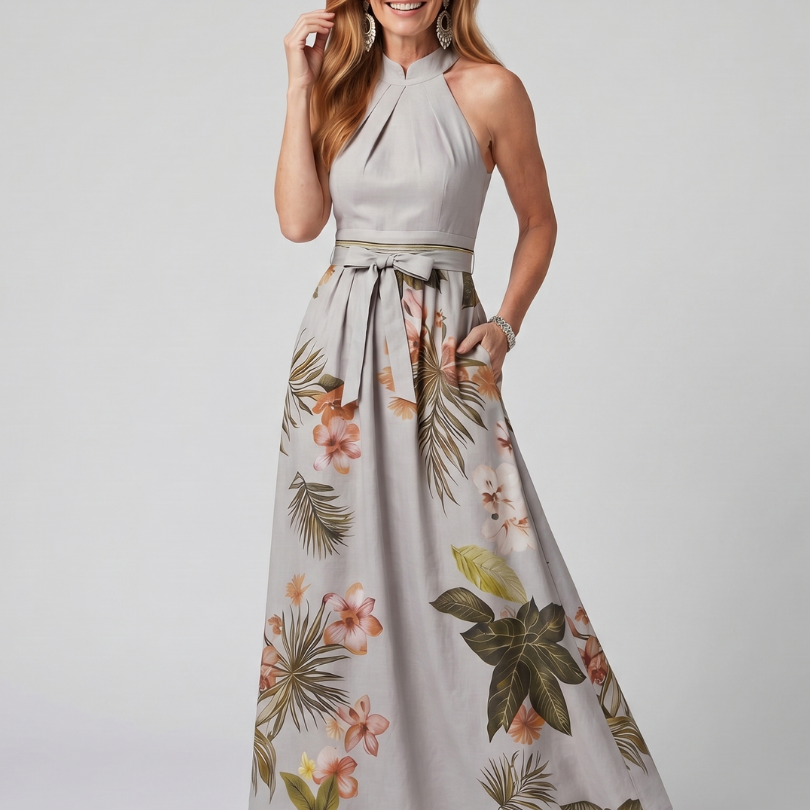 Meadow | Draped Halter Botanical Panel Maxi Dress