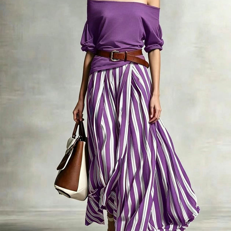 MADISON | Striped Maxi Skirt Set with Off-Shoulder Top