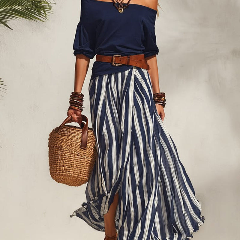 MADISON | Striped Maxi Skirt Set with Off-Shoulder Top
