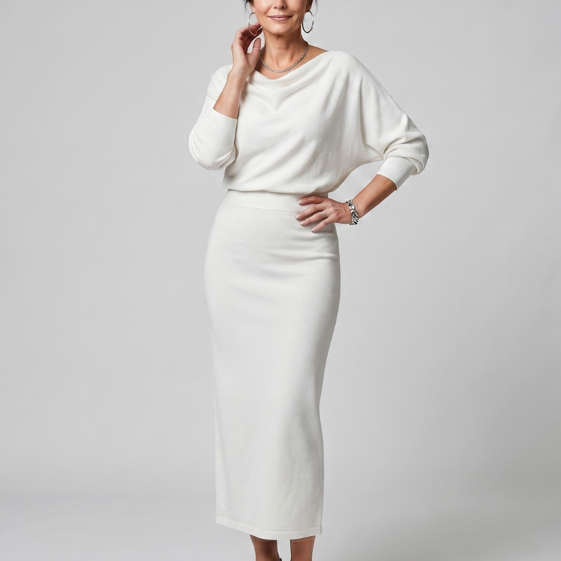 Romy | Draped Neckline Fitted Skirt Midi Dress