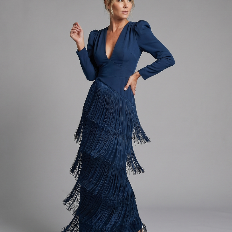 Samara | Long Sleeve Soft Fringe Skirt Midi Dress