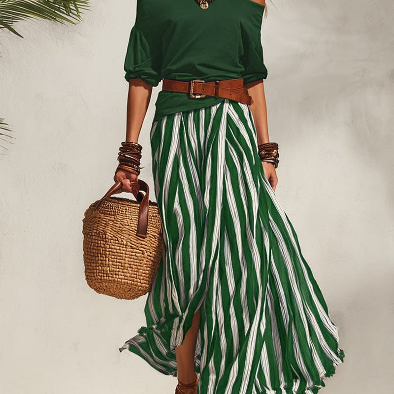MADISON | Striped Maxi Skirt Set with Off-Shoulder Top