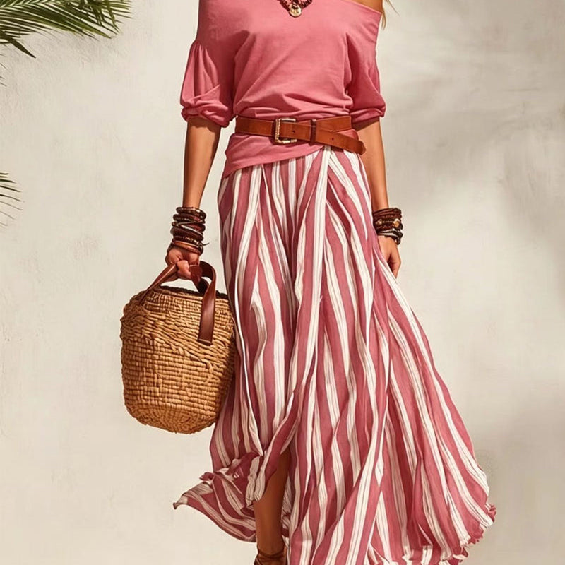 MADISON | Striped Maxi Skirt Set with Off-Shoulder Top