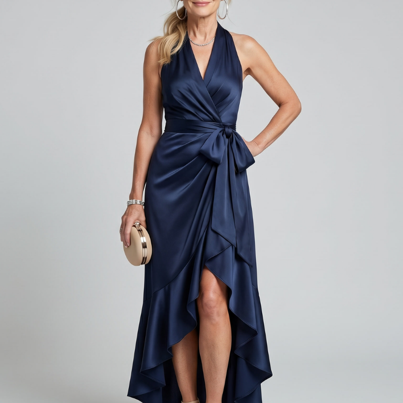 Honora | Halter Neck Wrap Asymmetric Hem Midi Dress