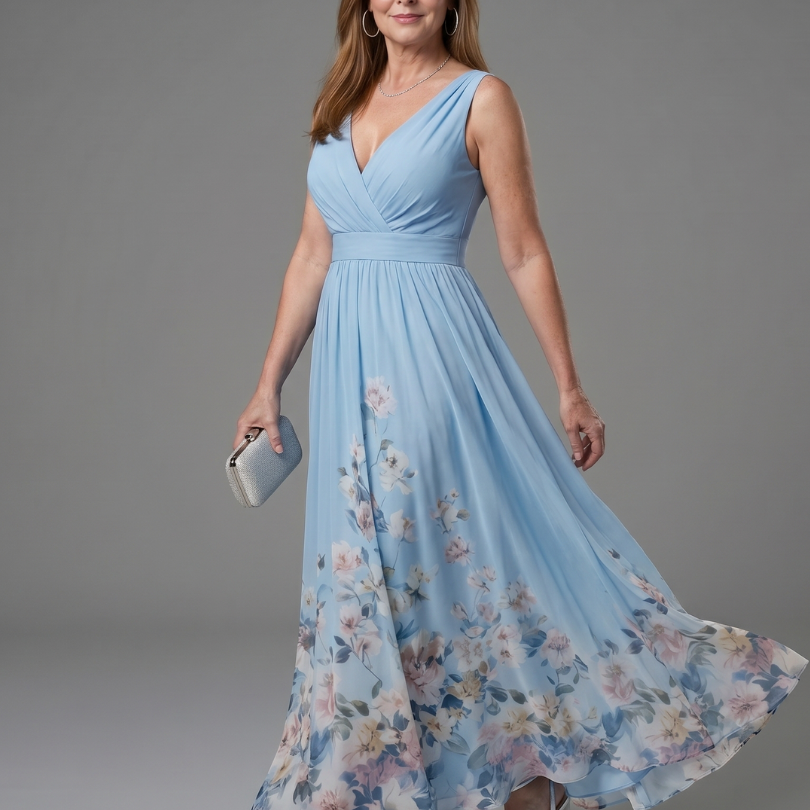 Clarissa | Sleeveless V Neck Soft Floral Hem Midi Dress