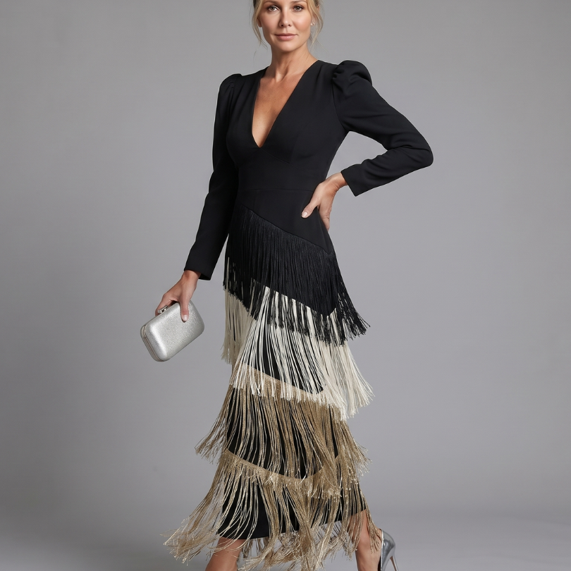 Samara | Long Sleeve Soft Fringe Skirt Midi Dress