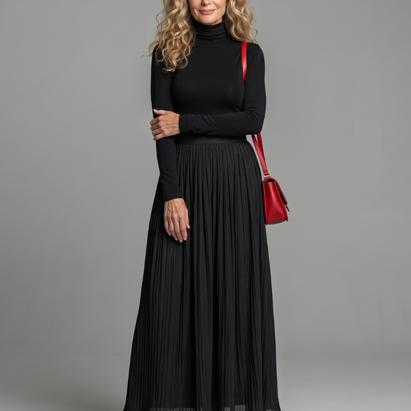 Lana | Long Sleeve Turtleneck Defined Waist Midi Dress