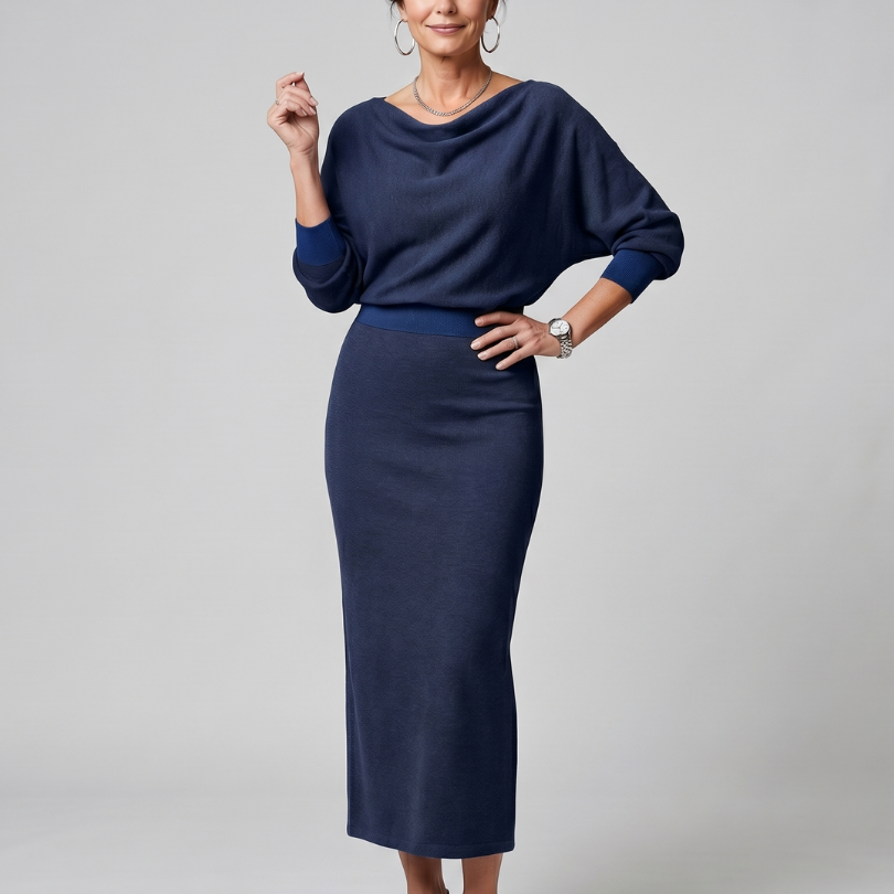 Romy | Draped Neckline Fitted Skirt Midi Dress