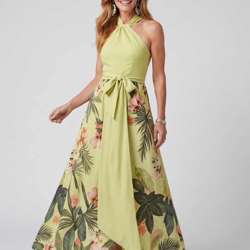 Meadow | Draped Halter Botanical Panel Maxi Dress