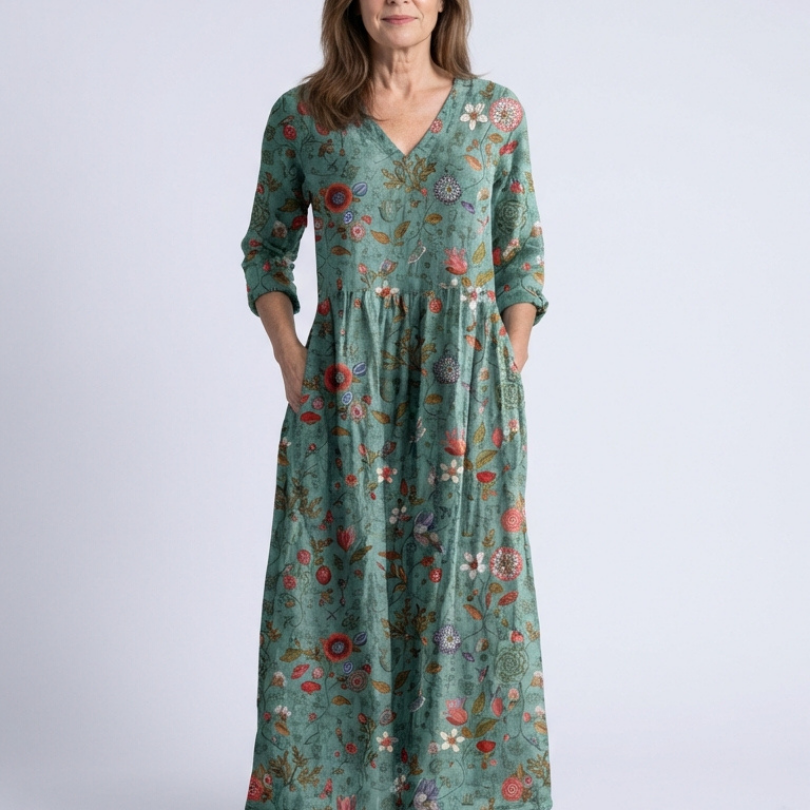 Marina | Floral V Neck Three Quarter Sleeve Maxi Dress