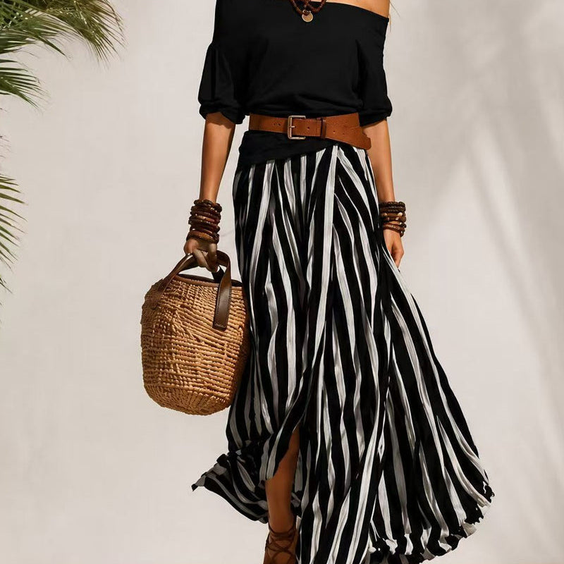 MADISON | Striped Maxi Skirt Set with Off-Shoulder Top