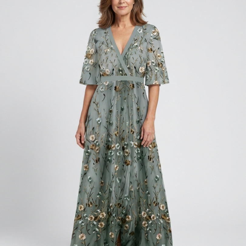 Floral V Neck Short Sleeve Maxi Dress