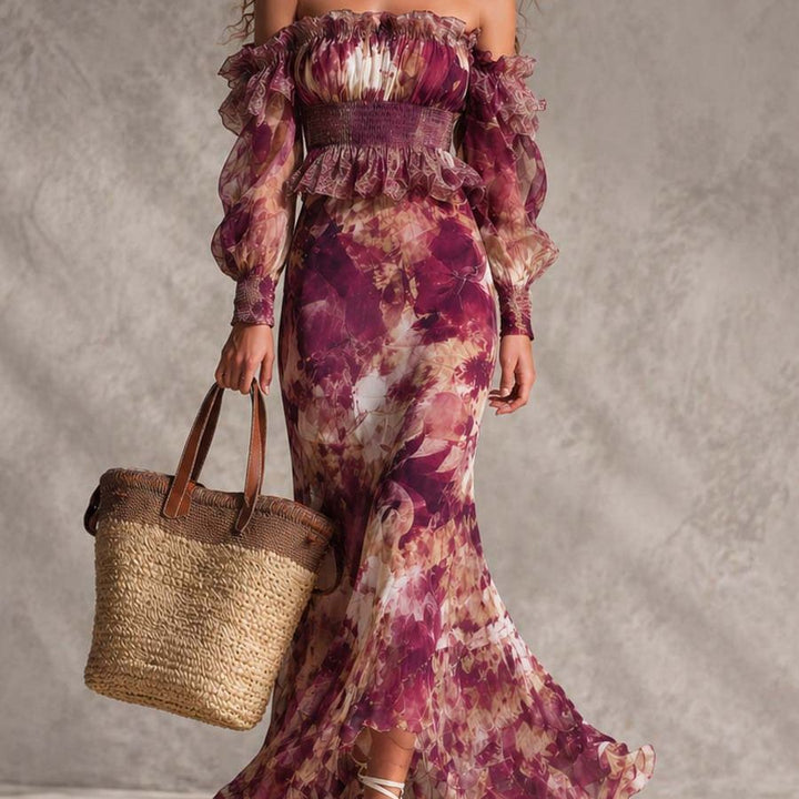 Rose Pink Floral Off-Shoulder Chiffon Maxi Dress