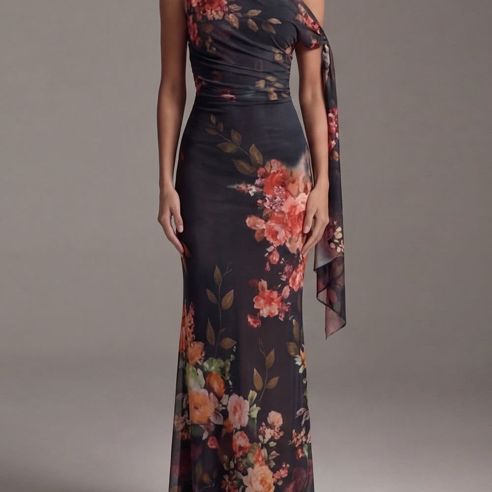 Black One-Shoulder Printed Pleated Chiffon Maxi Dress