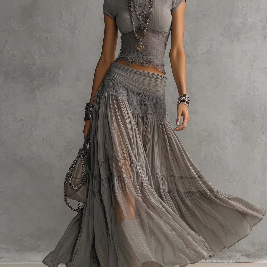 Grey Sheer Lace-Paneled Top and Pleated Maxi Skirt Set