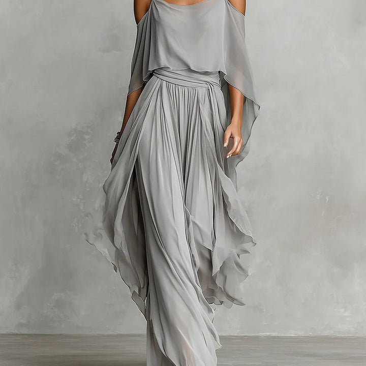 Grey off-shoulder flowy camisole and trousers chiffon set