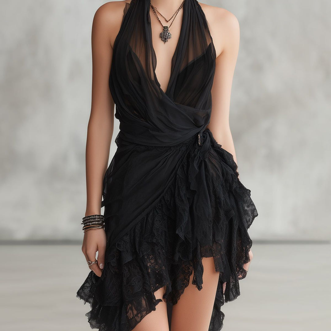 Black Halter Neck Lace Ruffled Mini Dress