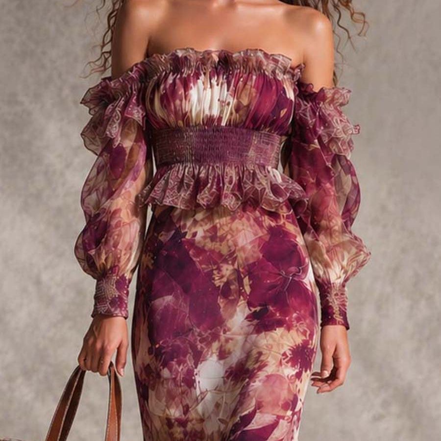 Rose Pink Floral Off-Shoulder Chiffon Maxi Dress