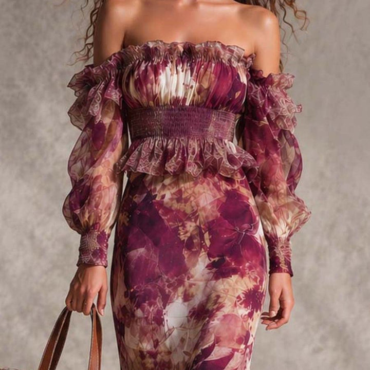 Rose Pink Floral Off-Shoulder Chiffon Maxi Dress